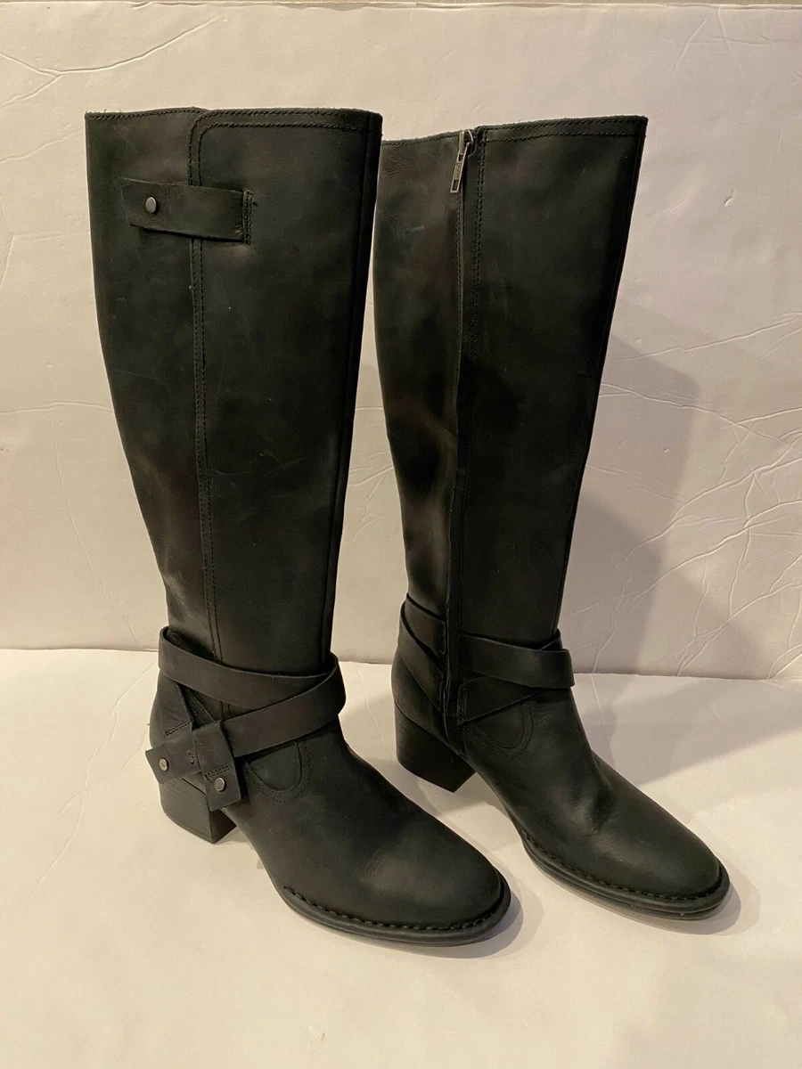 UGG AUSTRALIA BANDARA BLACK LEATHER STACKED HEEL TALL BOOTS