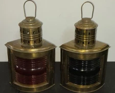2 Nautical Golden Metal Red And Green Port & Starboard Lanterns Oil Lamp Set