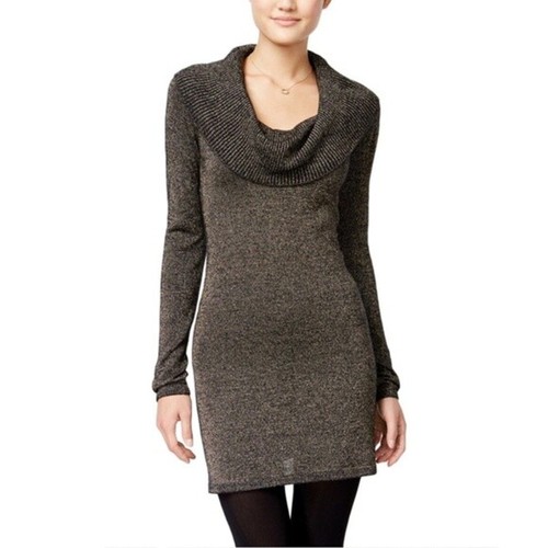 Energie Juniors' Metallic Cowl-Neck Sweater Dress, Caviar/Gold, Medium