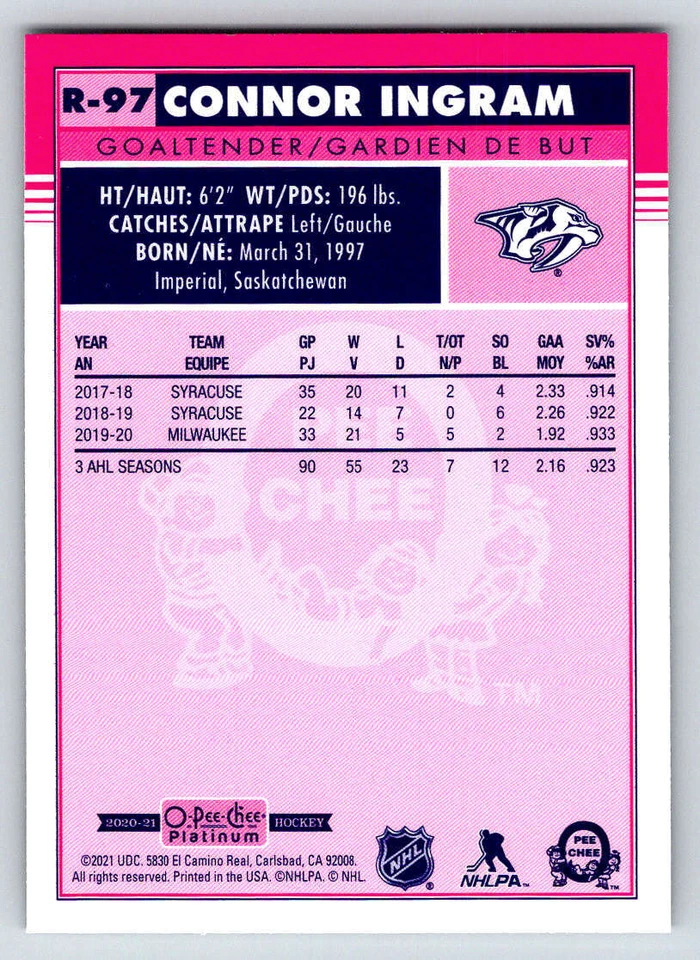 2020-21 O-Pee-Chee Platinum Retro #R97 Connor Ingram (ref 218469) - Image 2 of 2