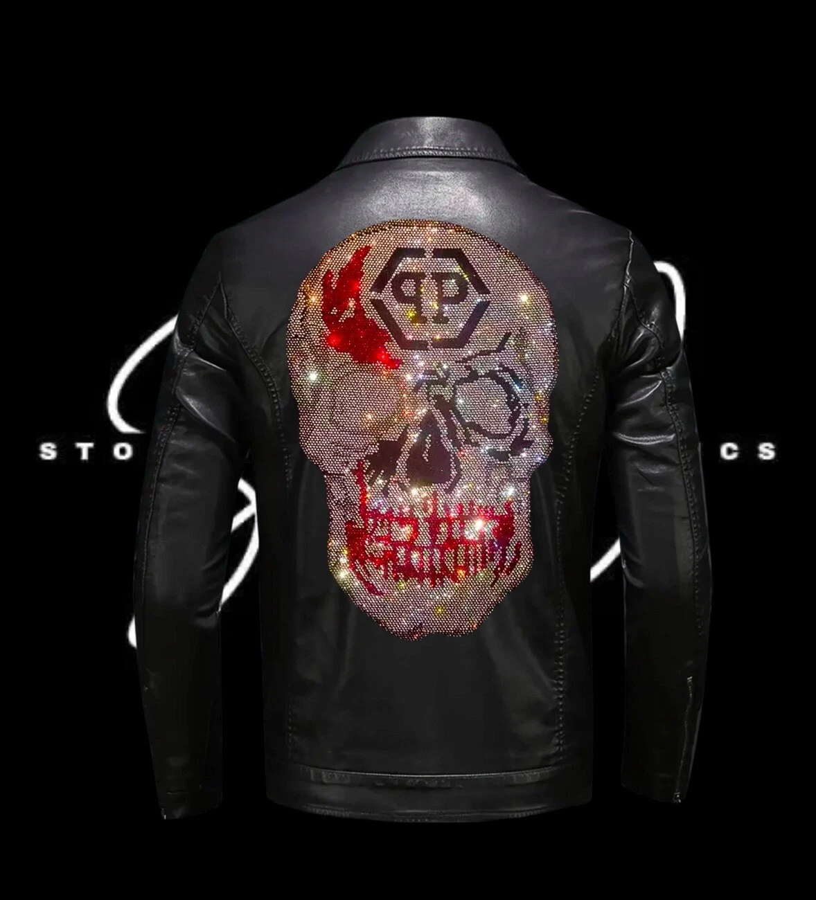 Leather Jacket With Skull Rhinestone Design