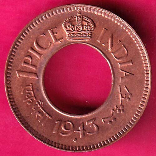 UNC British India King George VI 1943 Jedna przyprawa Piękna miedziana moneta #MC2 - Zdjęcie 1 z 2