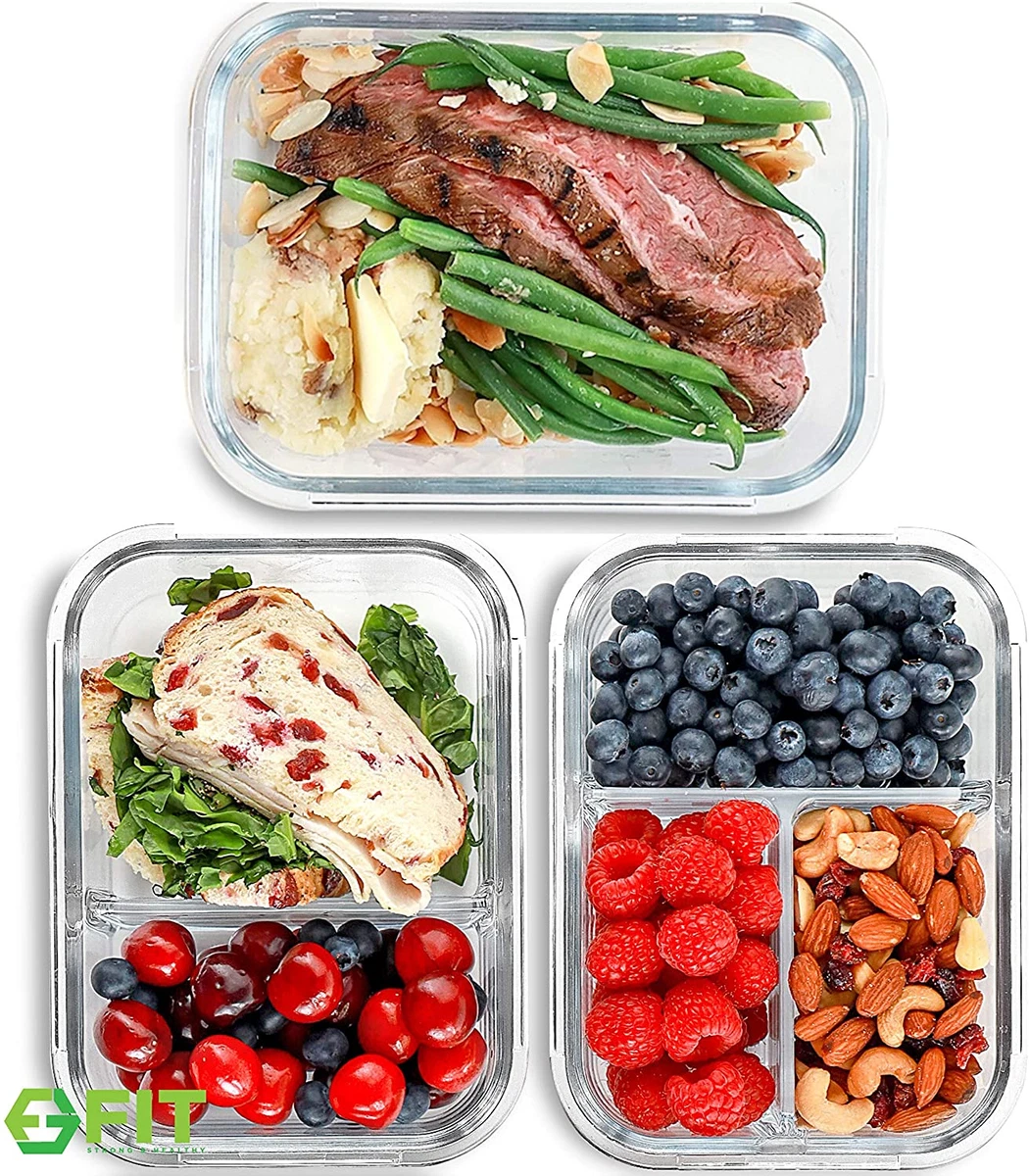 1 & 2 & 3 Compartment Glass Meal Prep Containers (3 Pack, 35 Oz) - Food  Storage