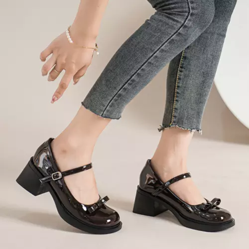 Womens Leather Bowtie Round Toe Buckle Strap Block Heel Fashion Mary Jane Shoes - Picture 6 of 30