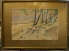 ::AQUARELL ANTIK °HAUS AM STRAND STRANDHÜTTE FERIEN OSTSEE ? WALD KIEFERN 1930 