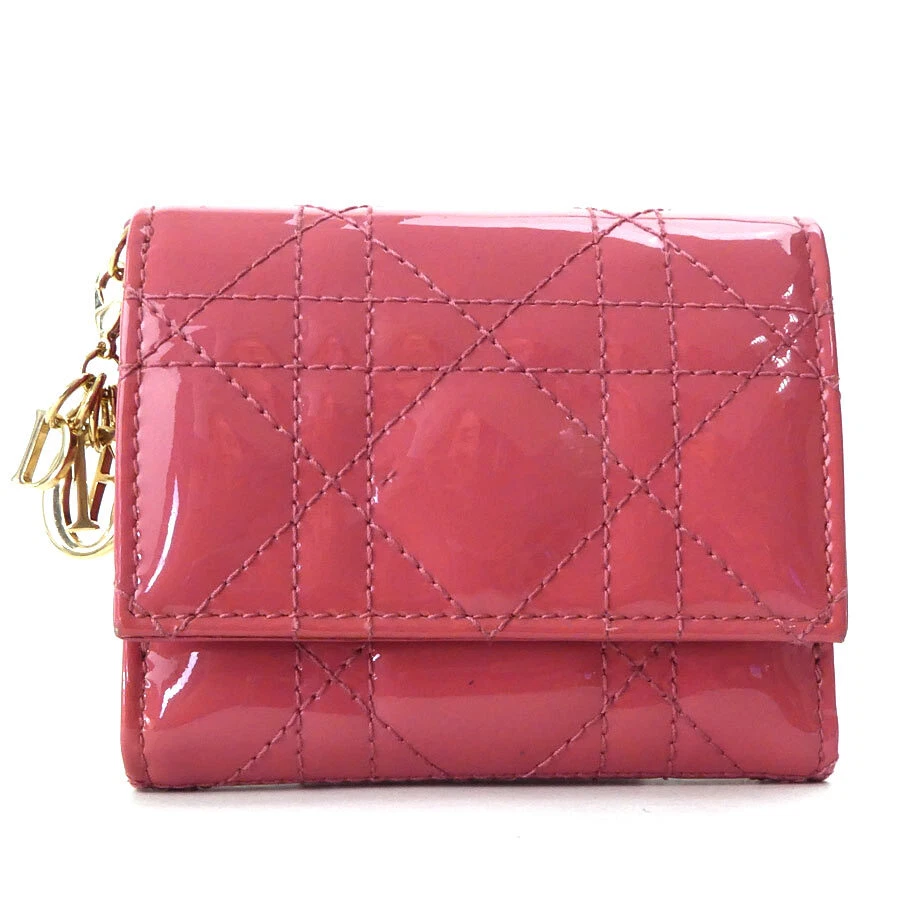 Portefeuille triple authentique Christian Dior en cuir verni rose   h30456i