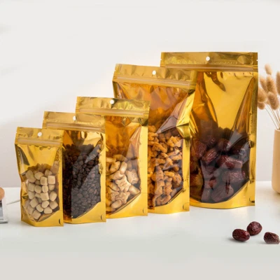 Clear Gold Aluminum Foil Stand Up Mylar Bags Food Zip Seal Pouch with Hang hole