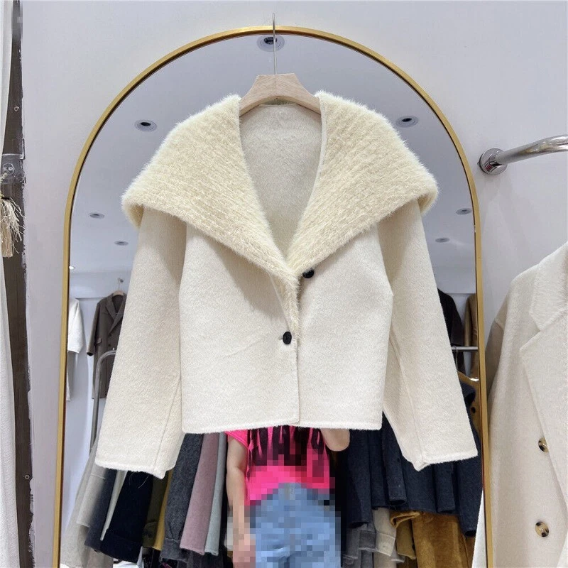 OFF WHITE 2024 Nuovo Cappotto Lana Doppio Lato Collo Pelliccia Flip Donna Bottoni Corto Lana