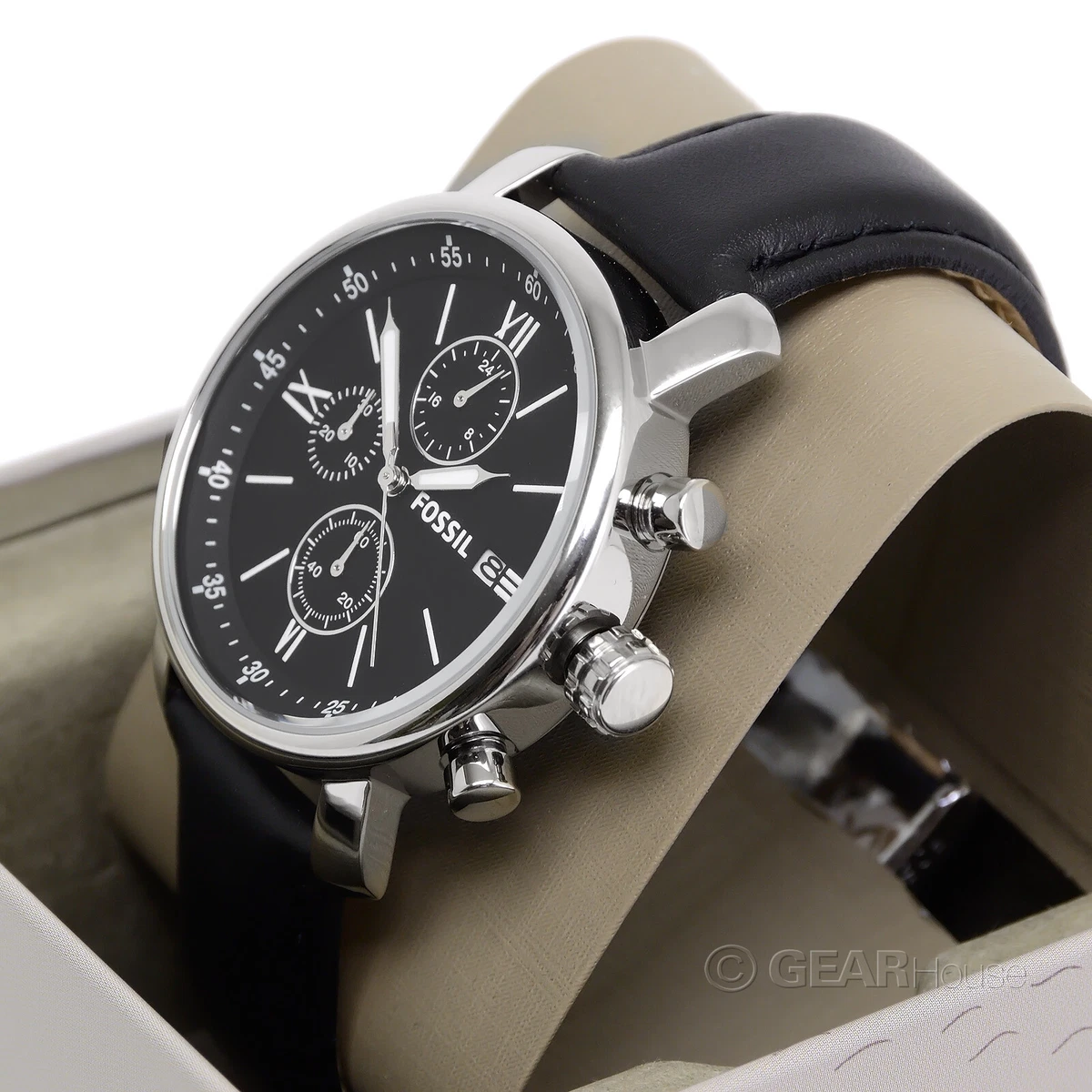 FOSSIL Rhett Mens Stainless Steel Chronograph Watch Black Dial Date Leather