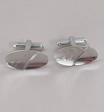 Vintage JML Sterling unisex cufflinks silver tone oval etched leaf motif 11/16"