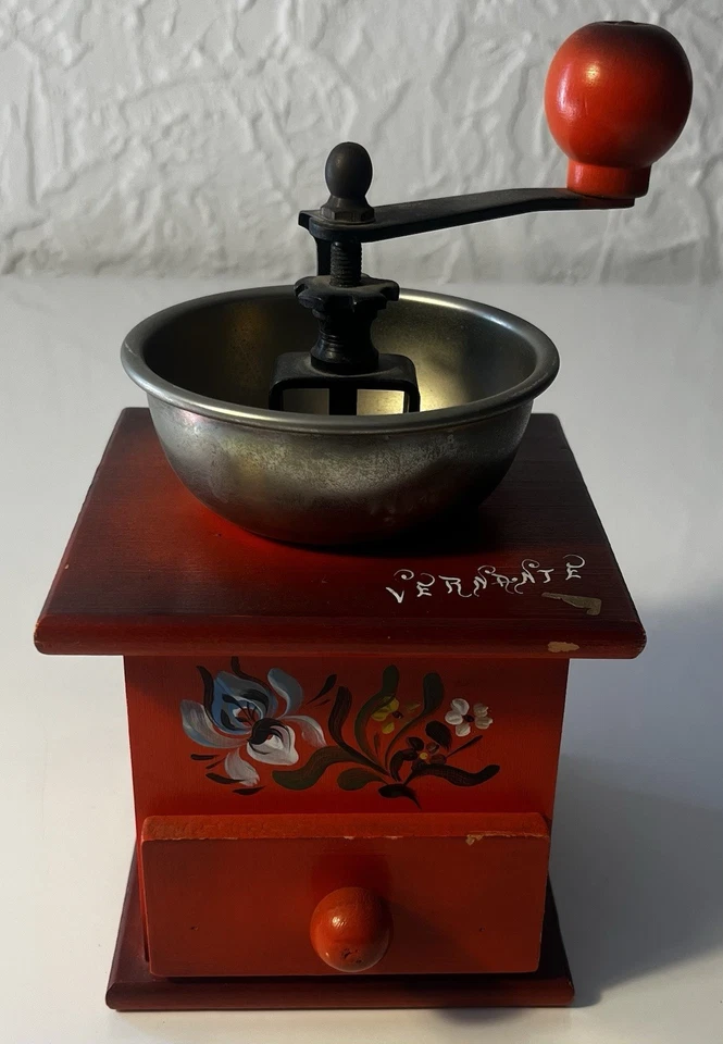 Moulin à Café Ancien Bois Rouge Décor Floral Manuel Vintage Cuisine - Photo 1/3