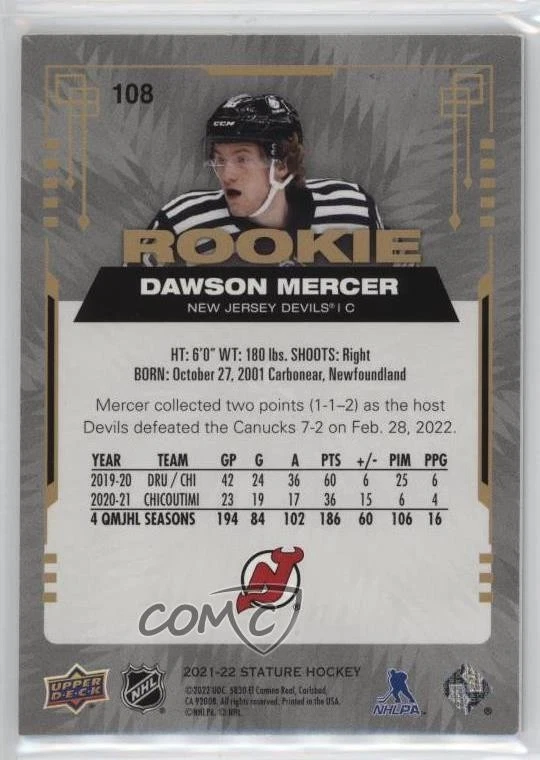 2021 Upper Deck Stature Rookies Photo Variant /99 Dawson Mercer #108 Rookie RC - Image 2 of 2