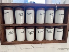 MCM Danish Modern Wood and Porcelain Spice Rack Made in Japan