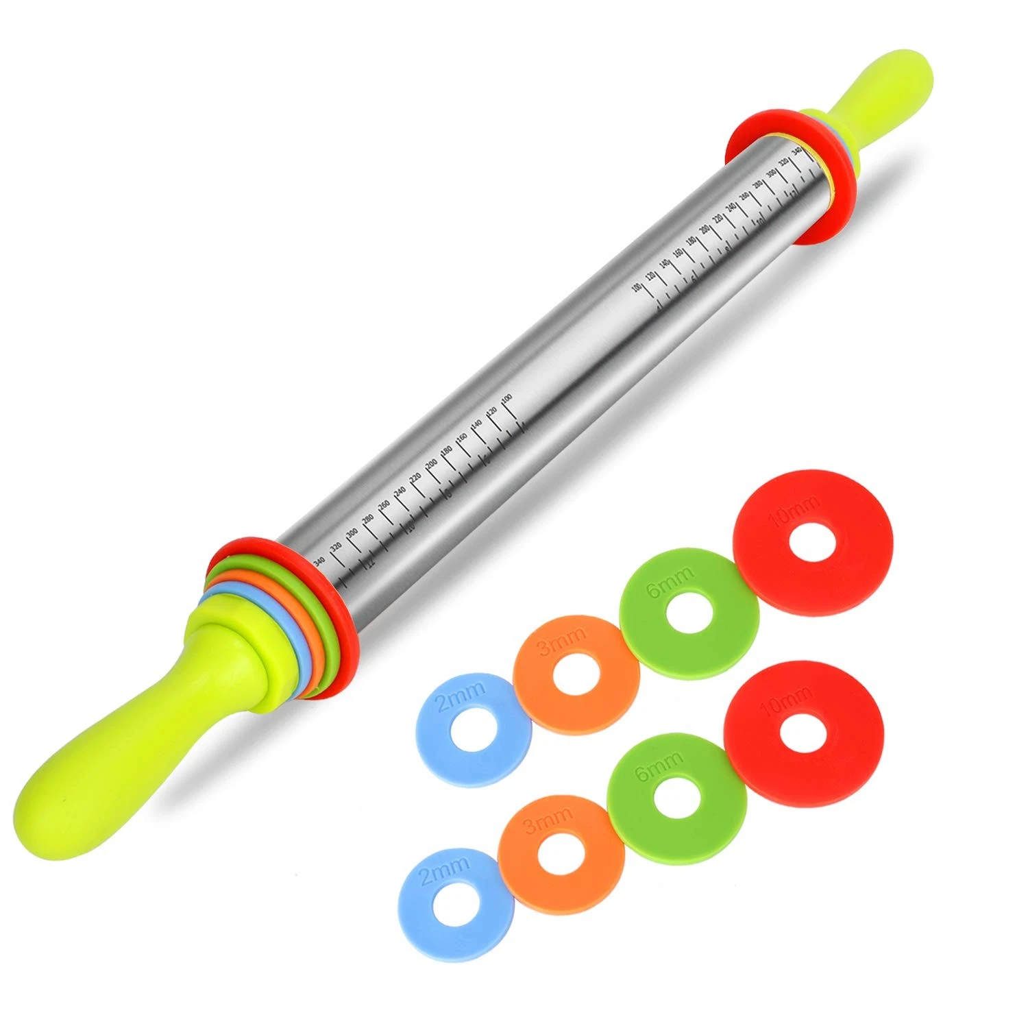 Stainless Steel Rolling Pin with Handle, Adjustable Dough Roller with 4 Spacers ...