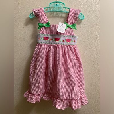Good Lad Smocked Watermelon Seersucker Pink White Striped Dress Size 5Y Green
