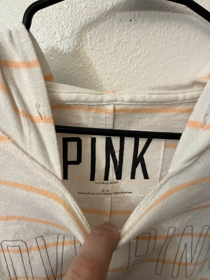 Victoria's Secret ROSA Blanco Naranja Rayas Ligero Sudadera con Capucha Camiseta Talla Pequeña Foto 4 de 4