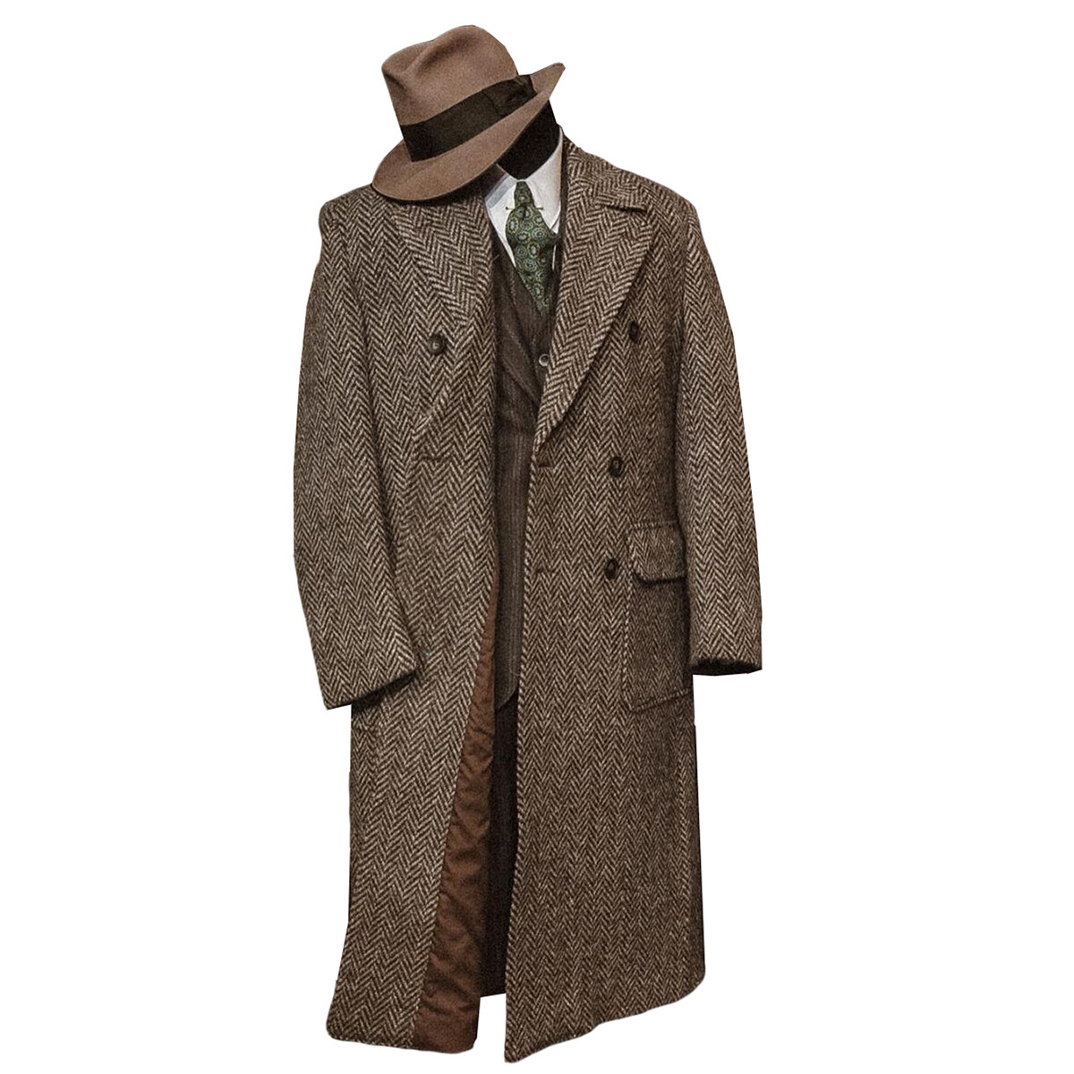 Men's Classic Long Coat Herringbone Wool Blend Lapel Collar Suit