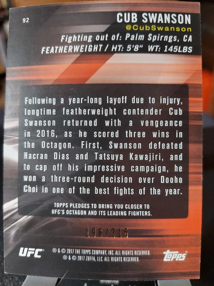 Cub Swanson #92 2017 Topps UFC Knockout Green #196/215 - Image 2 of 2