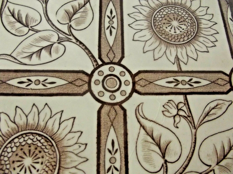 Antique Art Nouveau Brown & White Floral Pattern Tile 6 inch — 第 2/4 张图片