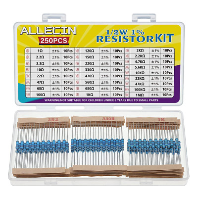 25 Values 1/2W Resistor Kit from 1 Ohm to 1M Ohm 1/2 Watt 1% Metal Film Resistor