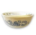 Vintage PYREX HOMESTEAD Nesting Mixing Bowls Set of 4 Tan Blue 401 402 403 404