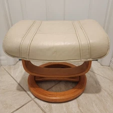 Vintage Danish Modern Ekornes Style Leather Footstool Ottoman Wood Base Beige
