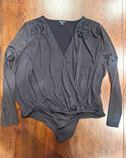 Express Women  s Black Long Sleeve Wrap V-Neck Ruched Bodysuit Mild Comp XL