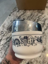 Vintage GEMCO Blue White Milk Glass Sugar Bowl Dispenser Canister w Lid MCM-USA