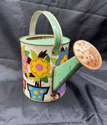 Vintage Ohio Art Metal Tin Toy Watering Can 1960's Flowers FREE SHIPPING