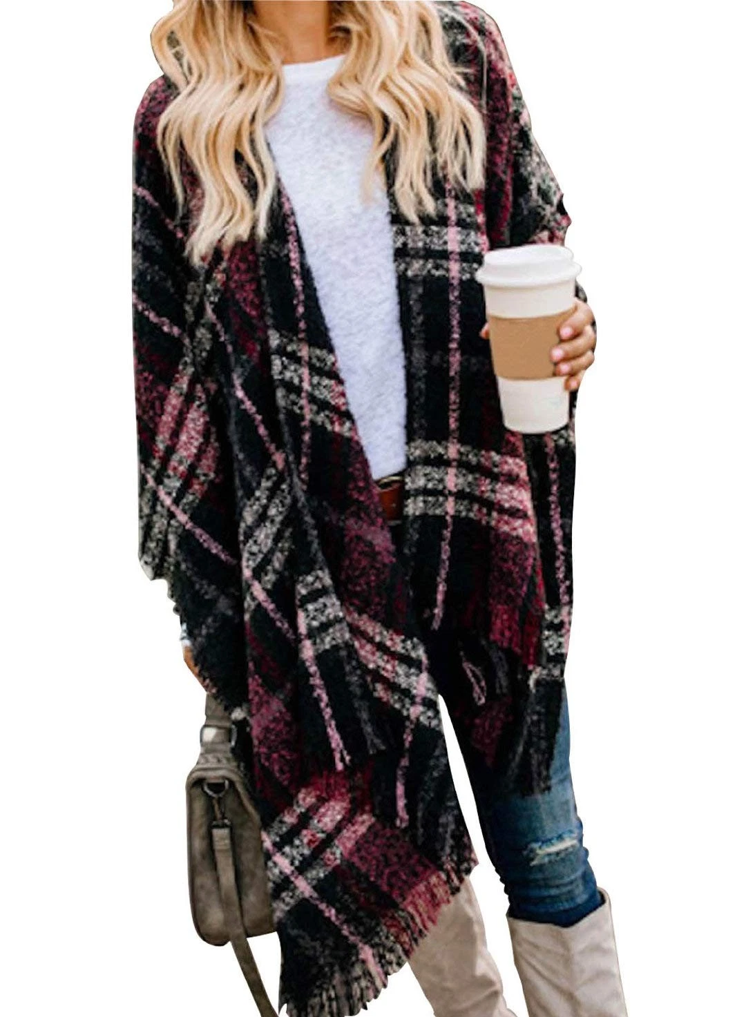 Women Boho Buffalo Plaid Poncho Pashmina Shawl Wrap Cape Sweater Knitting Car...