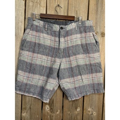 Tommy Bahama Mens Reversible Plaid and Solid Grey Linen Blend Shorts Size 34 35