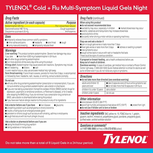 NEW Tylenol Nighttime Cold & Flu Liquid Gels, Multi-Symptom Relief, 24 ct - Picture 2 of 6