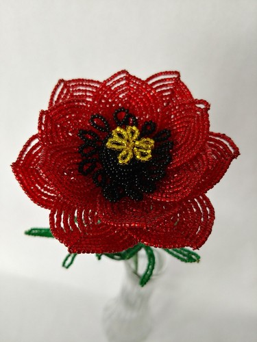 3 NEW handmade French beaded Flowers Red Poppy Poppies - Picture 3 of 6