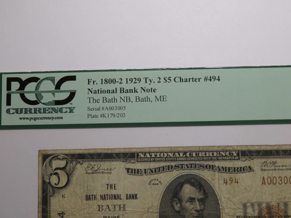 $5 1929 Bath Maine ME National Currency Bank Note Bill Charter #494 F15 PCGS - Image 2 of 4