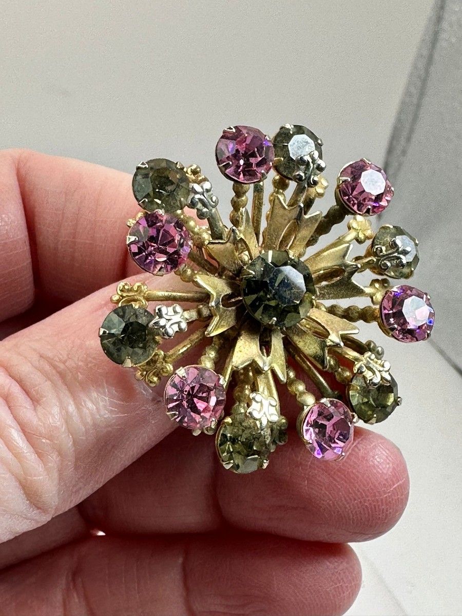 Flower Spider Chrysanthemum Green Pink Rhinestones 30s Vintage