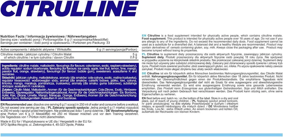Allnutrition Citrulline 200 g Pulver - Muskelpumpe Pre Workout L-Citrullin Malat - Bild 4 von 4