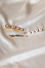 Gold Large Pearled Bobby Pin Set. 2 bobby pins and one clip item in each pack.