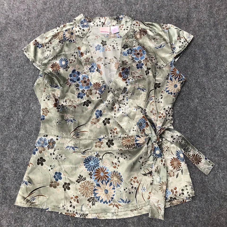 Vintage Y2K Top XL Asian Floral Wrap Satin Fairy Grunge Green Xhilaration - Image 2 of 4