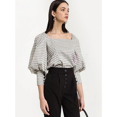 PIXIE MARKET Gingham Puff Sleeve Top Square Neck Casual Preppy Office size XS