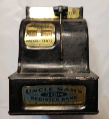 Vintage Black US Made Uncle Sam s 3 Coin Register Bank