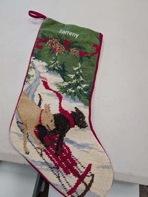 Vintage Cross Stitch Stocking With Two Dogs Sledding Sammy