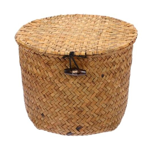 Small Woven Basket with Lid Round Stackable Wicker Shelf Baskets Bin