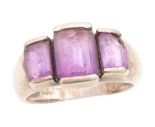 925 Sterling Silver Vintage Ring Three Stone Amethyst Dome Band Sz 5.5 RG33845