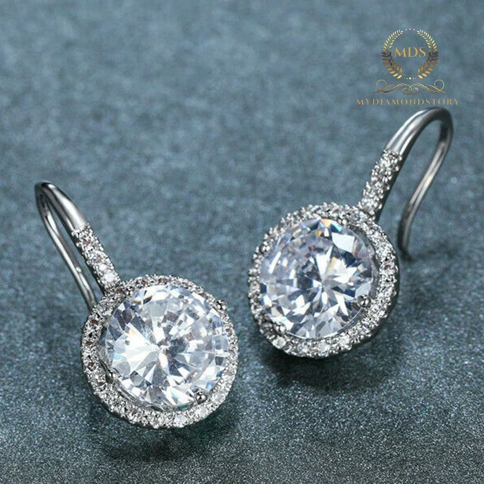 Solid 14K White Gold Moissanite Drop/Dangle Wedding Earrings 2.80 CT Round Cut - Image 2 of 4