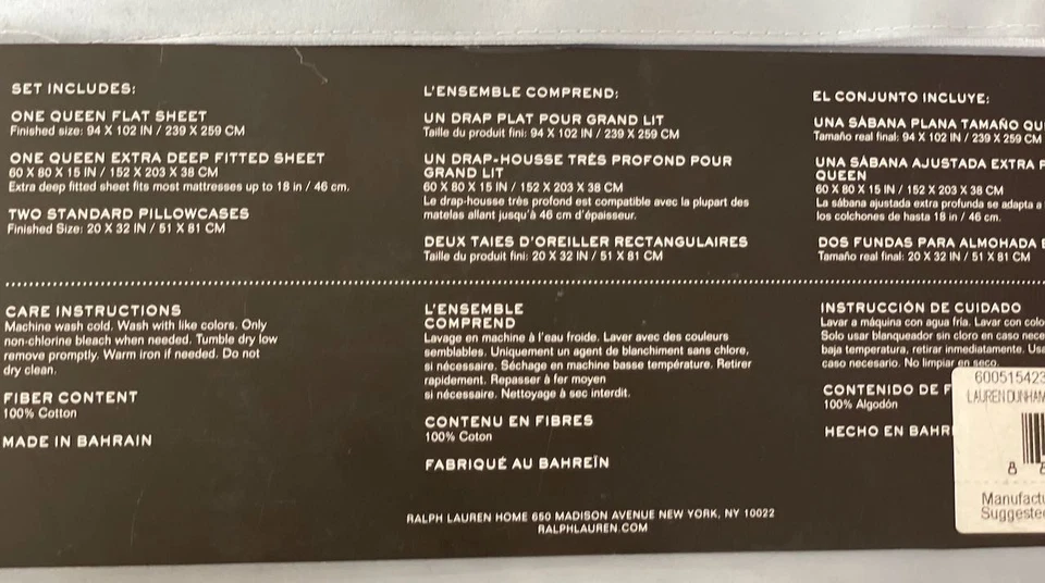 Nuevo Juego de Sábanas Ralph Lauren Talla Queen Dunham Satén Azul Niebla Algodón Se Ajusta a 18" Foto 4 de 4