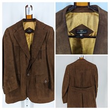 Cortefiel Vtg 70s Mod Brown Suede Leather Flap Pockets Jacket Blazer 38" Spain
