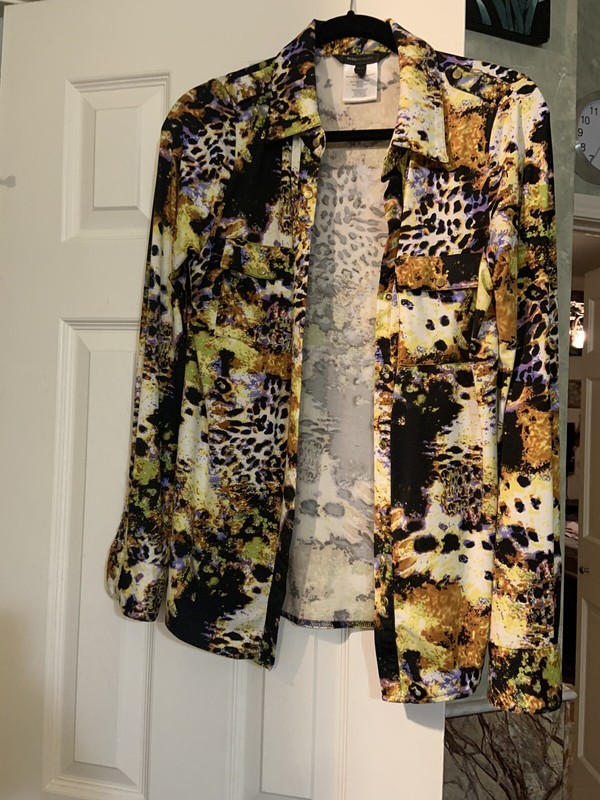 BCBG Maxazria Multicolored Black Brown Beige Snap Button Stretchy Shirt Size S
