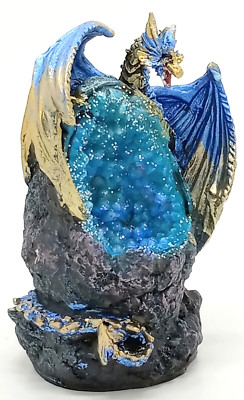 Purple & Gold Dragon Figurine on a LED Resin Crystal Geode Height 4.75in