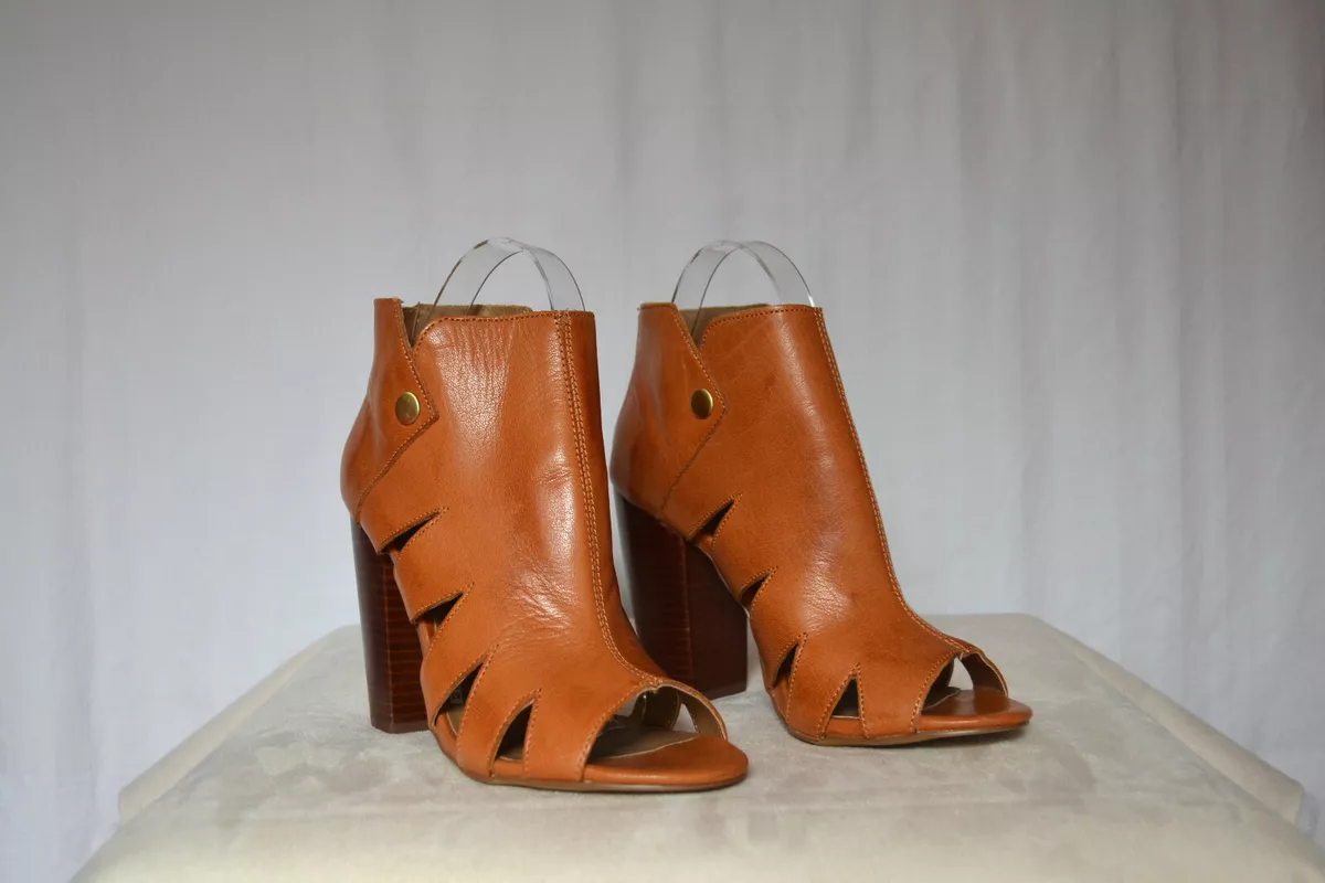 Kelsey Dagger Cognac 218 Peep Toe Ankle Boots Chunky Heels Size