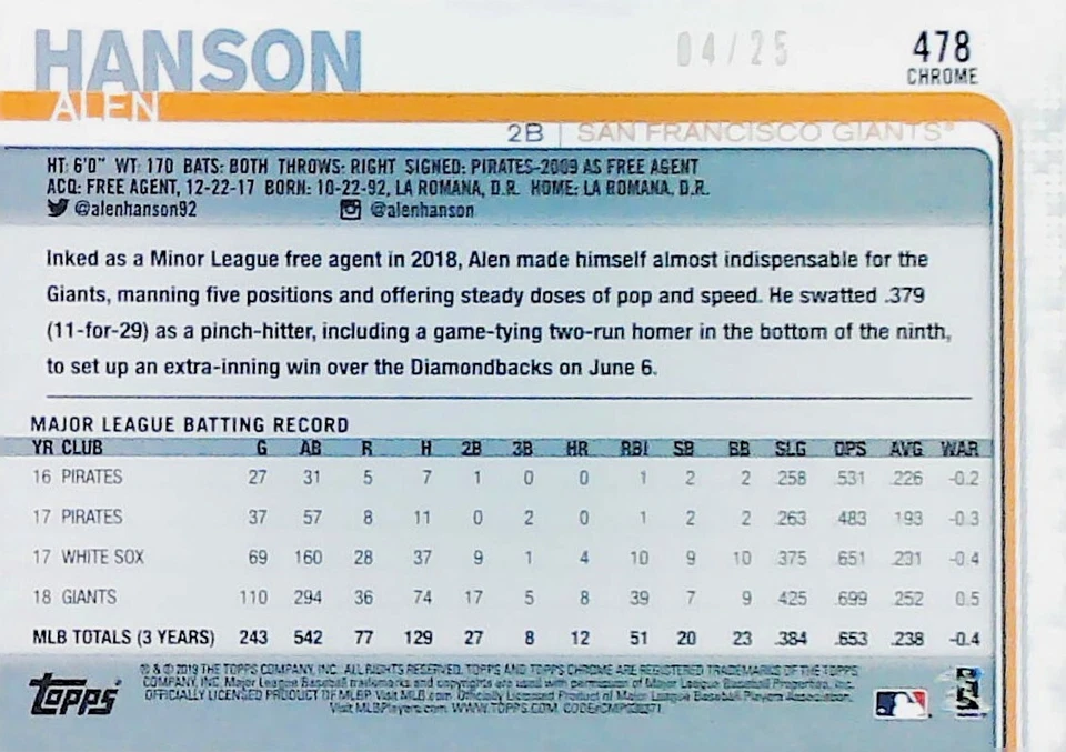 Topps 2019 cromo zafiro edición refractor naranja/25 #478 Alen Hanson Giants Foto 2 de 2